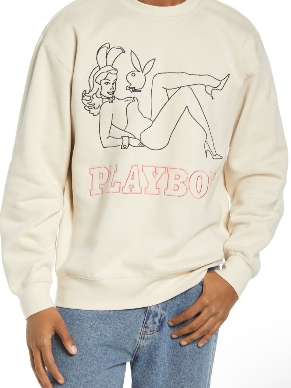 Playboy x PacSun Beige Embroidered Bunny Girl Crewneck Sweatshirt Large